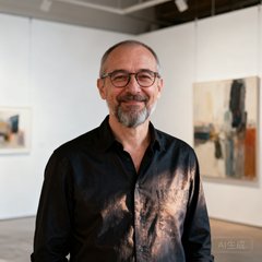一位戴眼镜的中年男性艺术家肖像，留着短须，身穿深色衬衫，站在画廊空间内，表情自信从容。